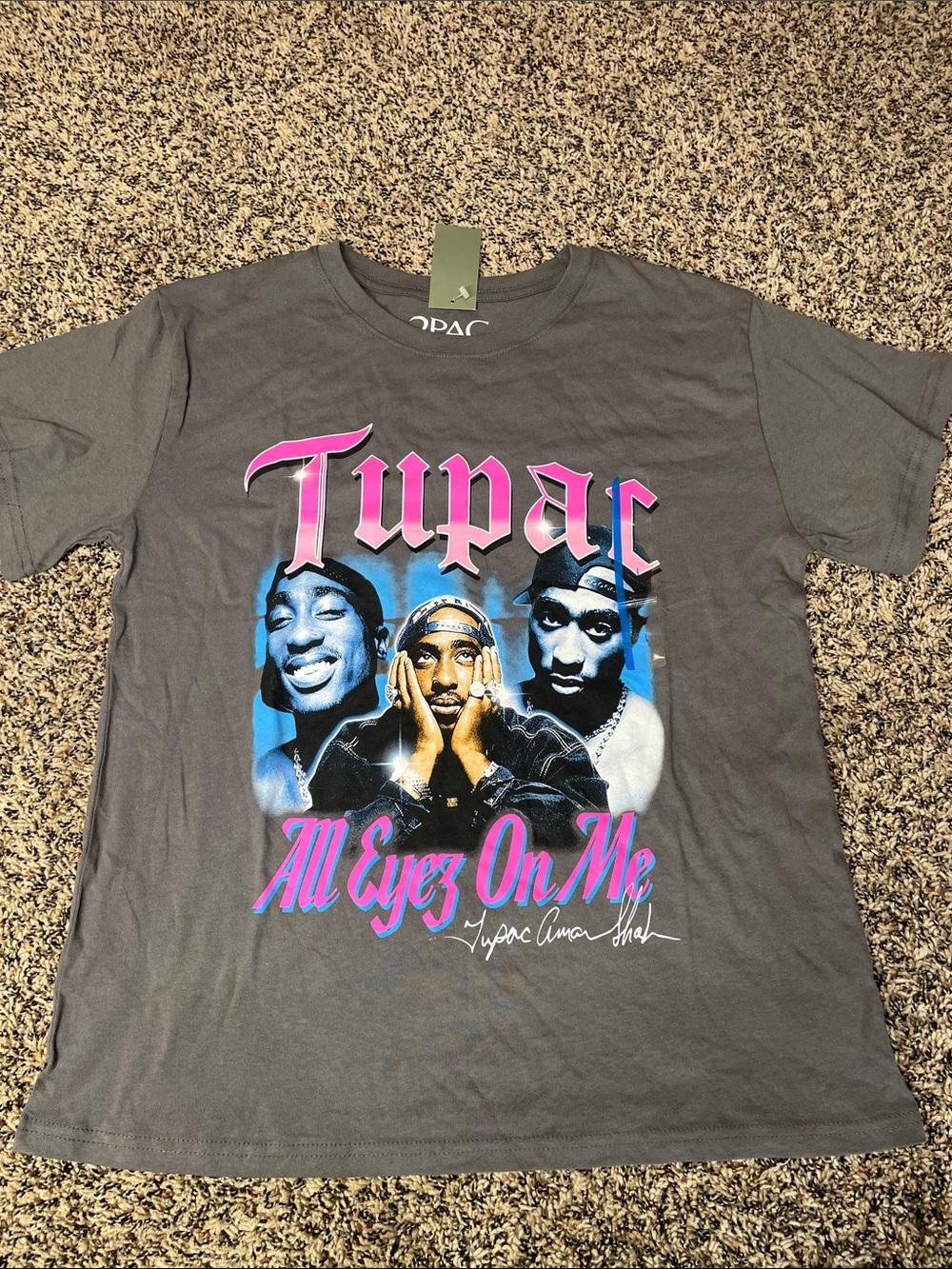 Tupac 'All Eyez On Me' Graphic Tee - Gray with Pink & Blue Various Sizes | NWT